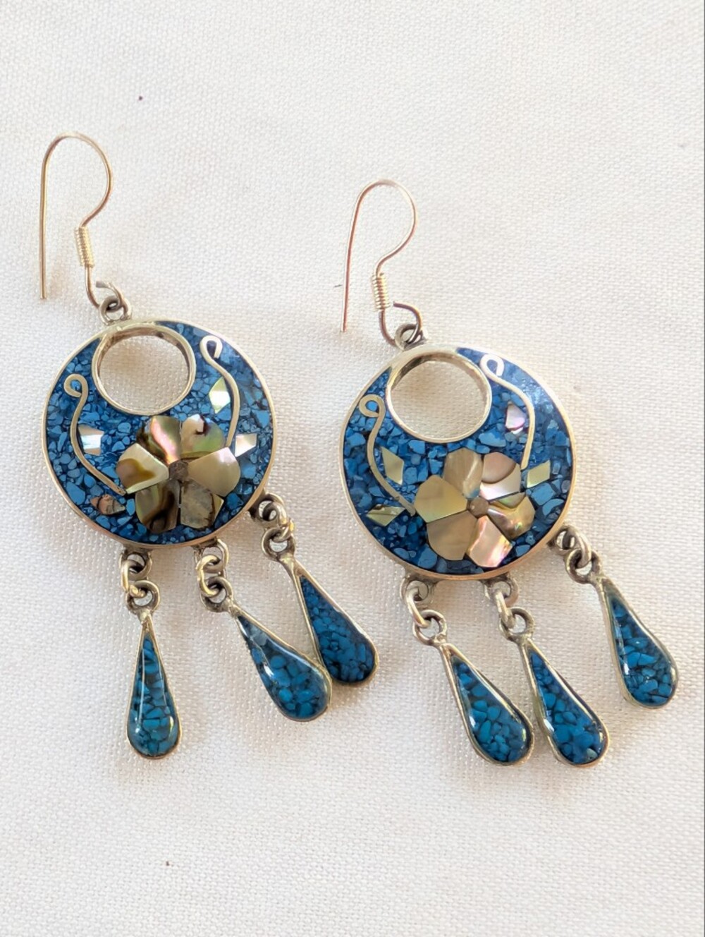 México Alpaca Blue Inlay Floral Drop Earrings - Women Jewelry